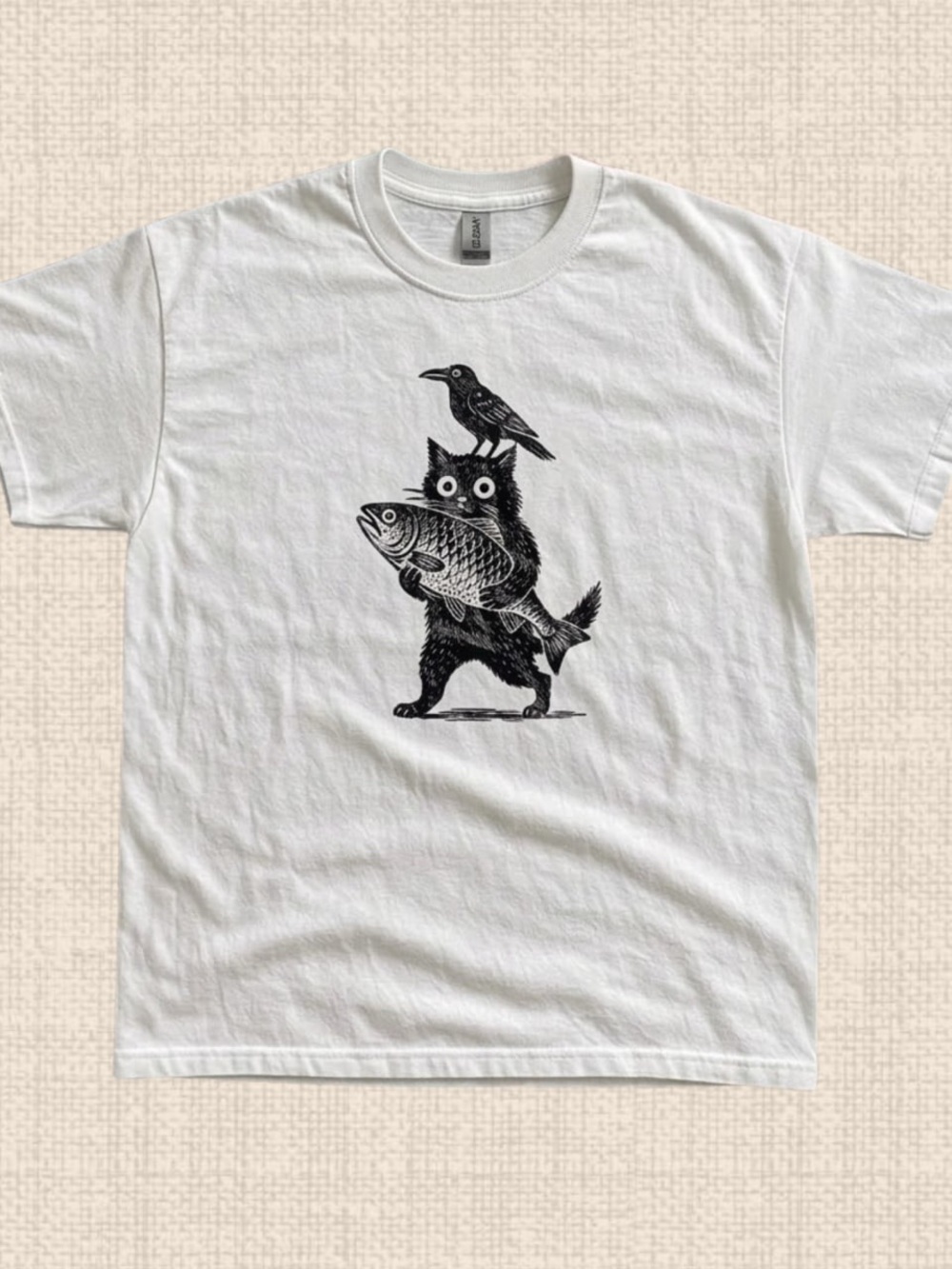Vintage black car holding fish with crow graphic T-shirt